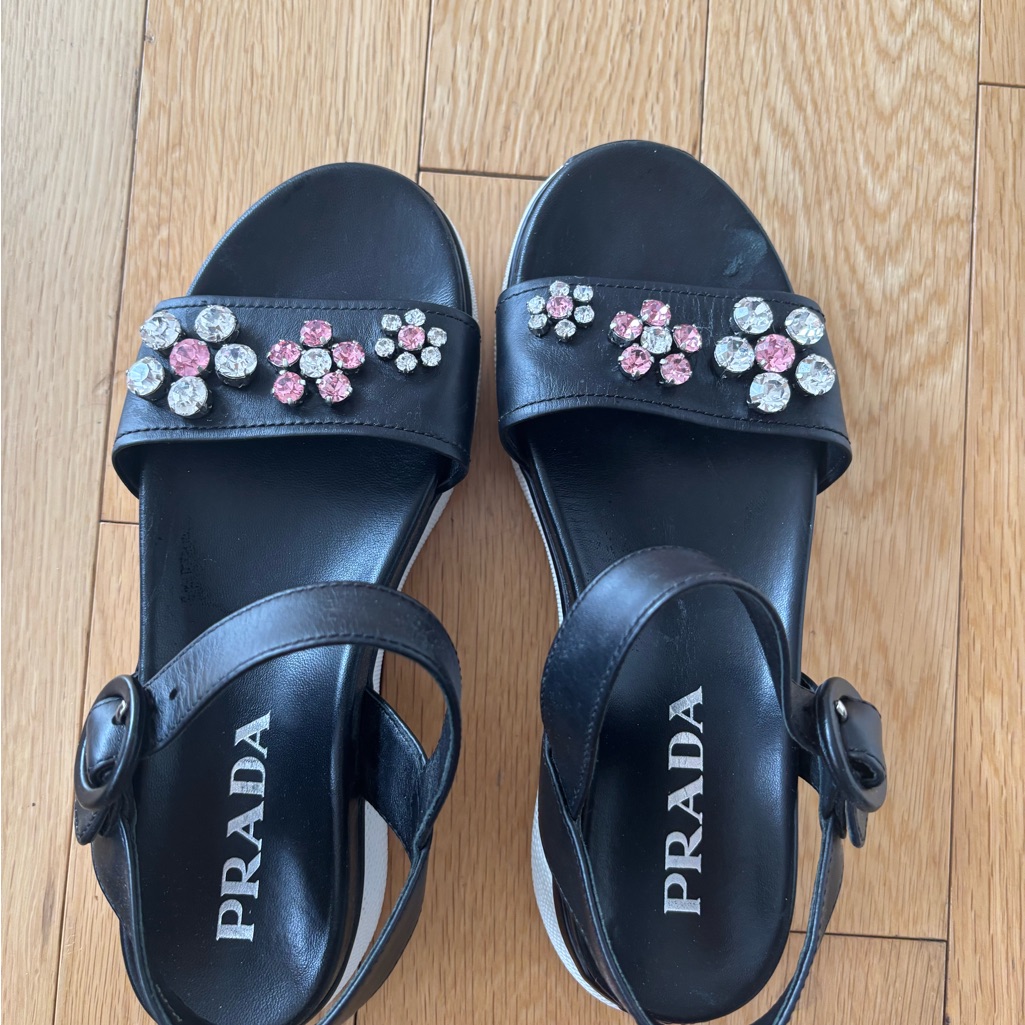 Prada Black Sandals With Floral Embellishments